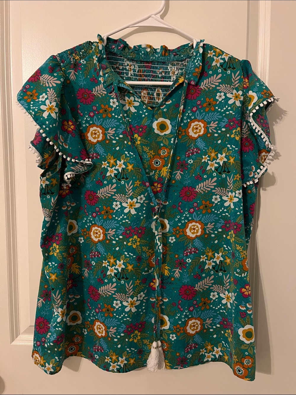 Teal Floral Peasant Blouse with Tassel Tie
